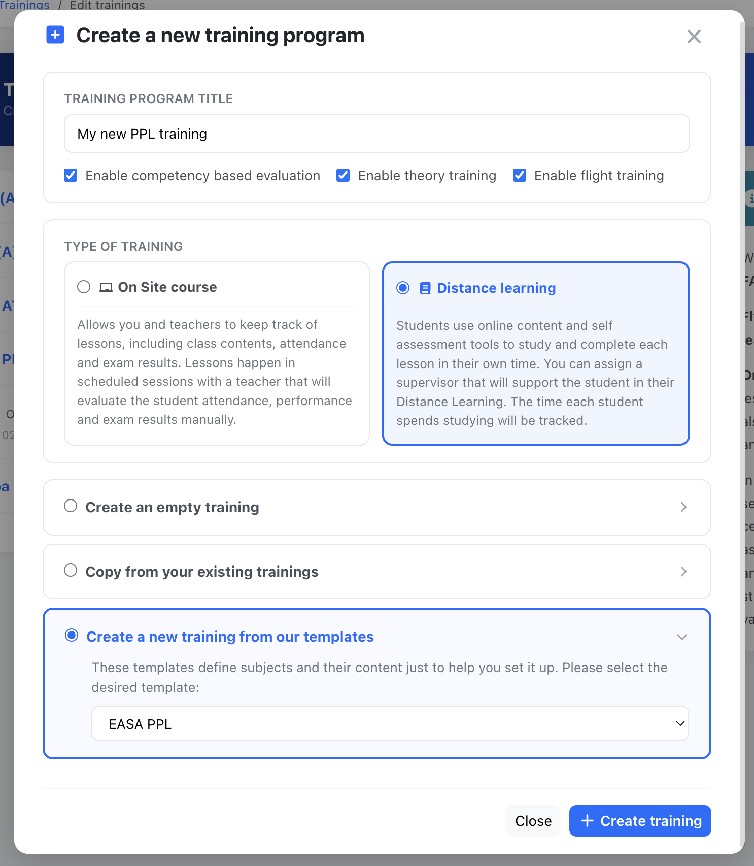 Create new training modal window