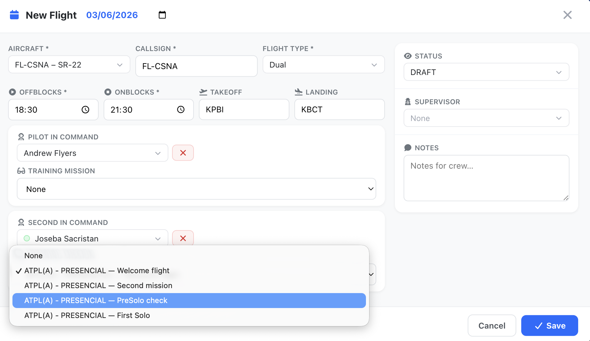 Flight Schedule Record editing form