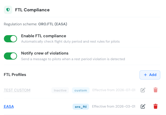 FTL Compliance section in Settings showing two active profiles