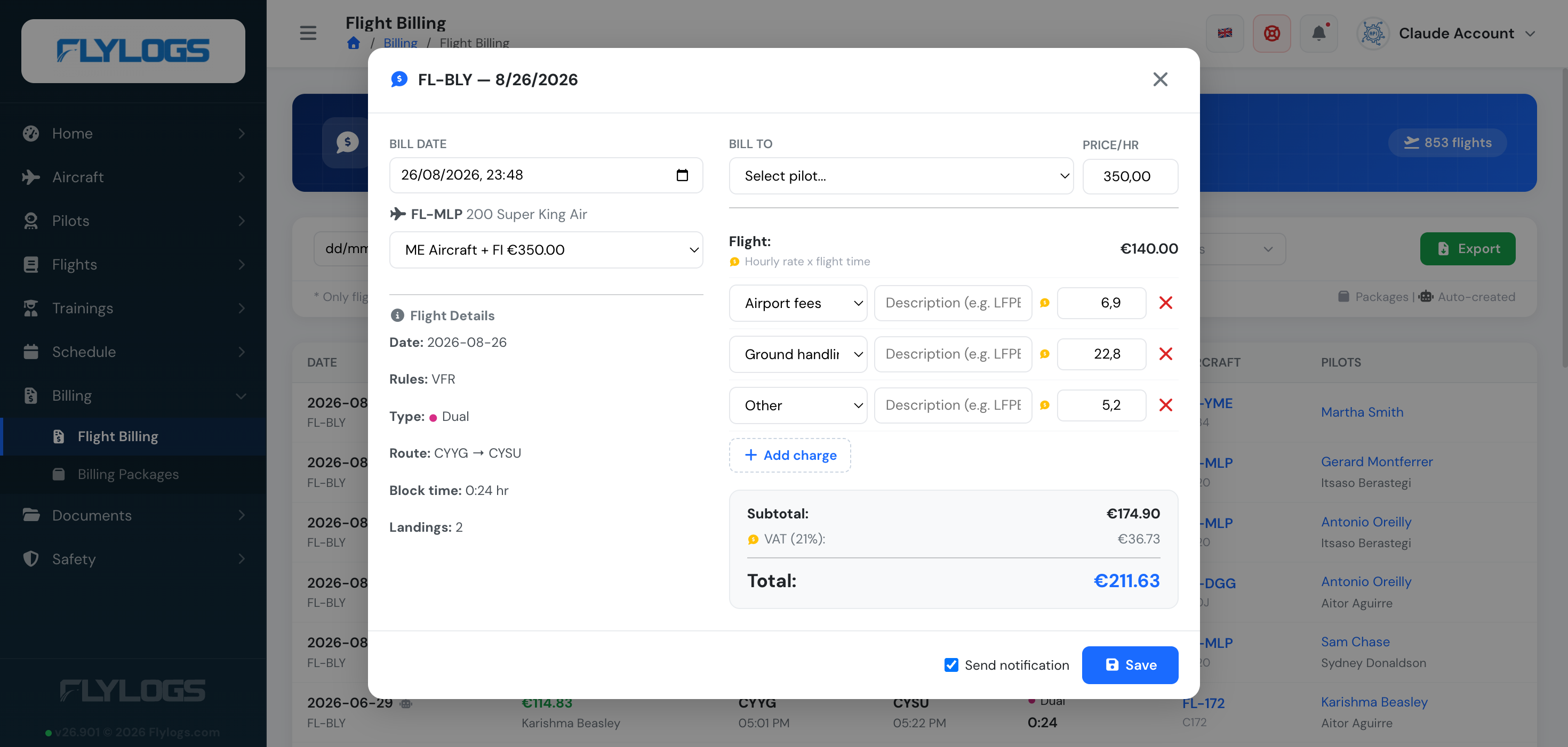 Flight Billing Panel