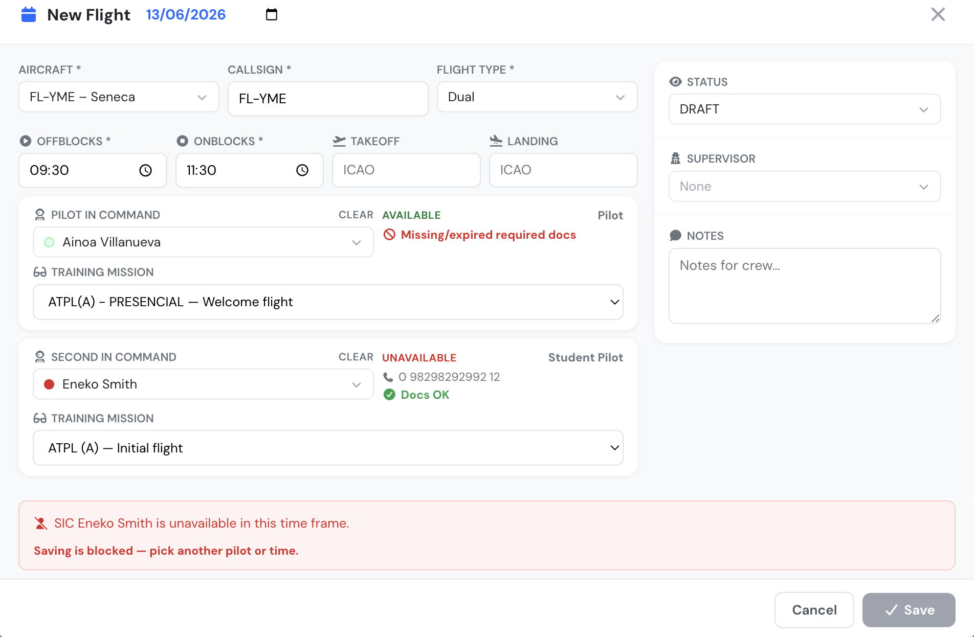 New Flight form showing crew availability status, Docs OK indicator and a blocked save for an unavailable SIC