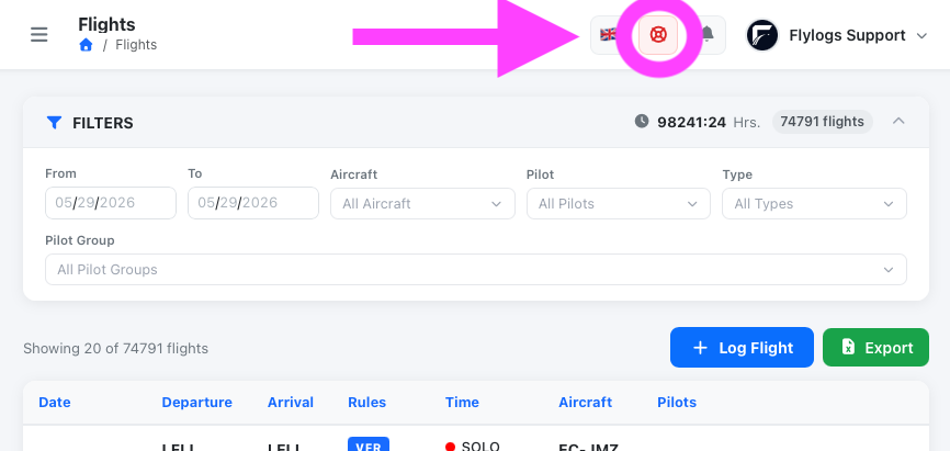 Top navigation bar showing the red support button on the right side
