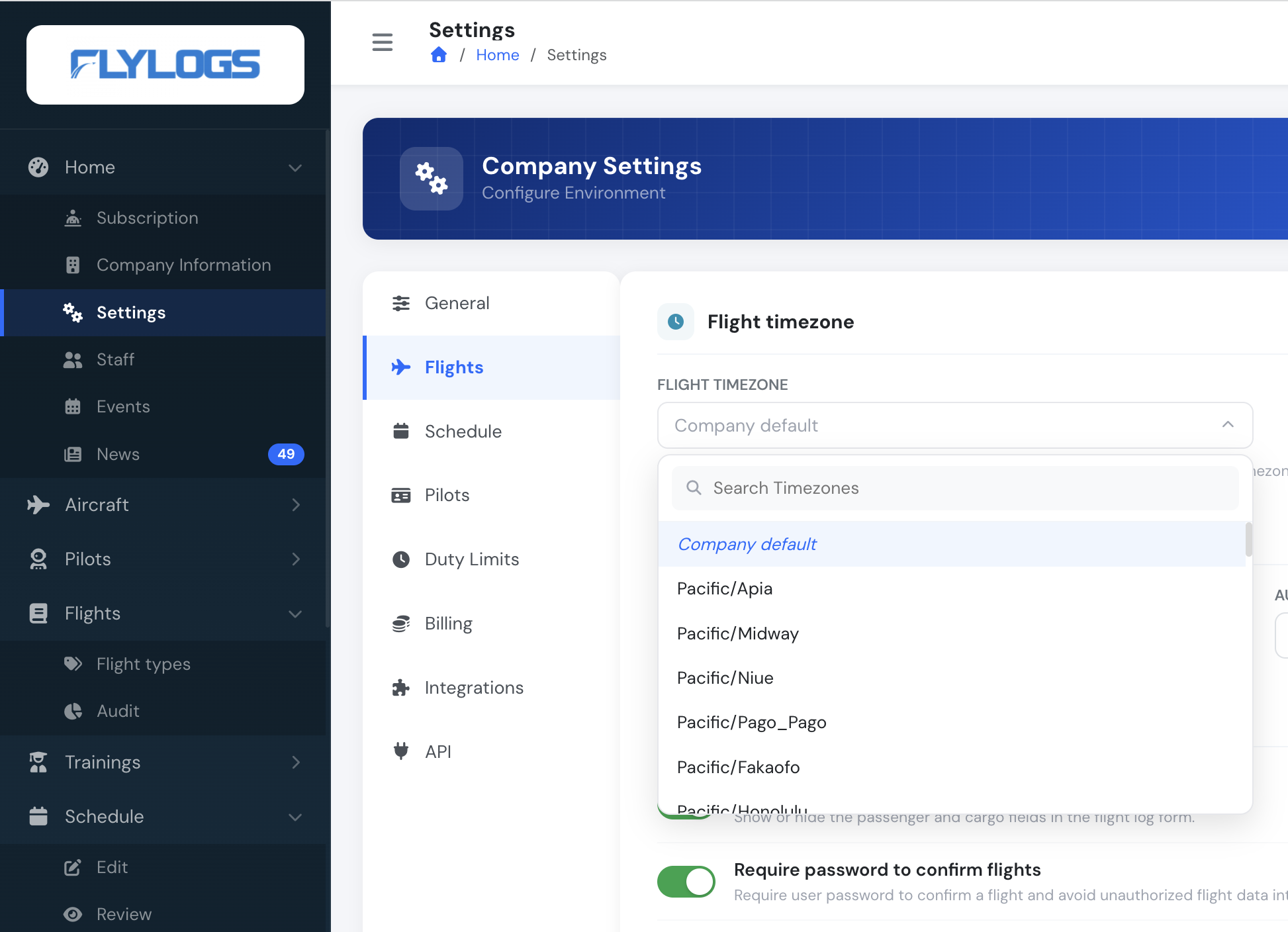 Selecting the flight timezone in Company Settings → Flights