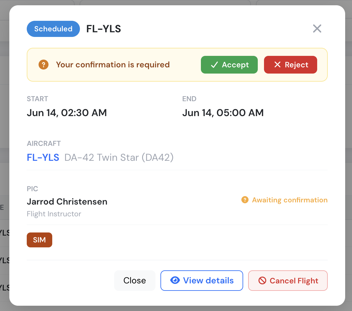 Schedule detail window with confirmation banner