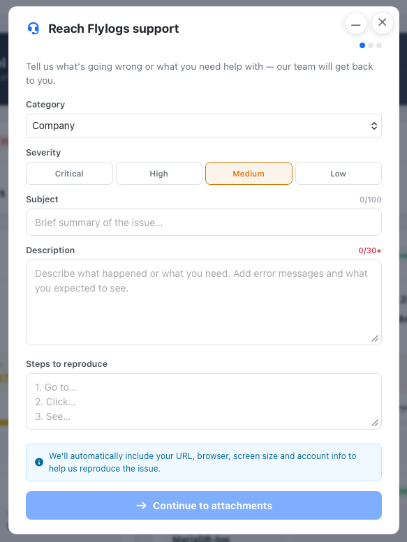 Support modal showing the Category, Severity, Subject, Description and Steps to reproduce fields