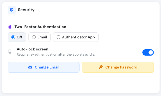 Security settings page showing the Two-Factor Authentication options