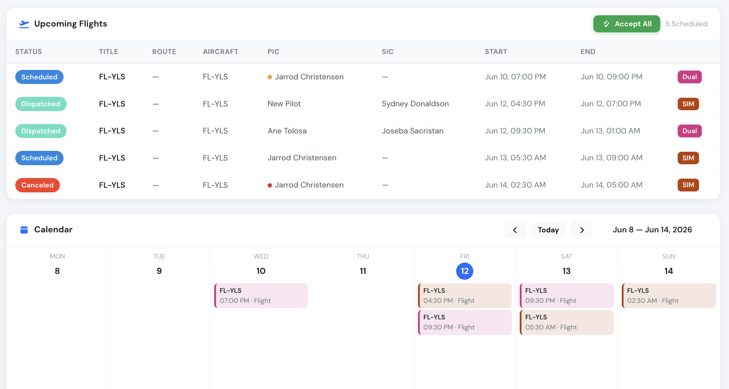 Upcoming Flights list and weekly calendar