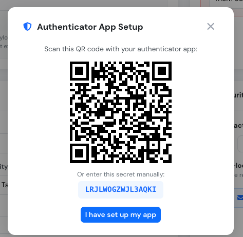 Authenticator App Setup dialog showing QR code and manual secret
