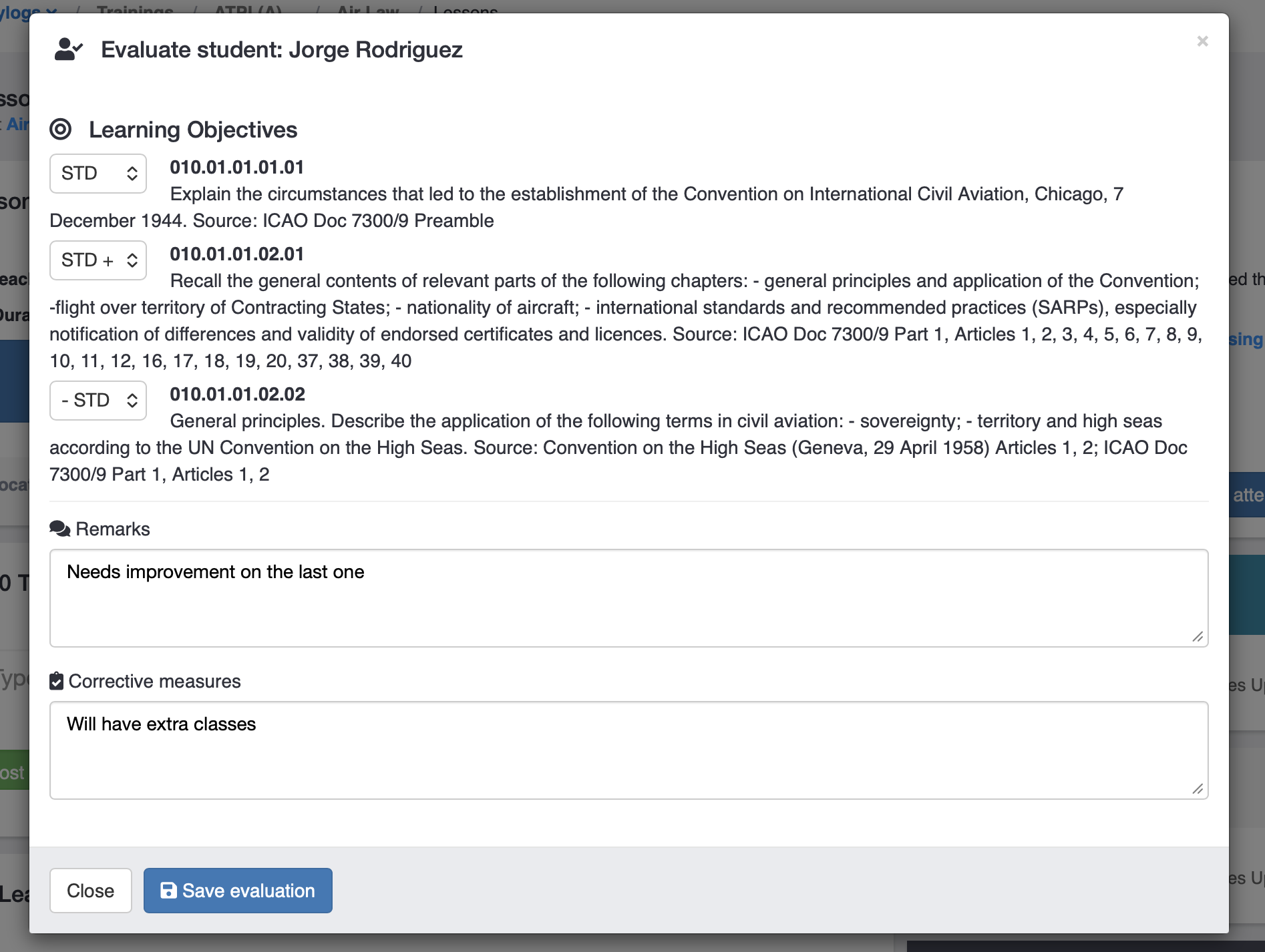 Student evaluation modal with learning objectives